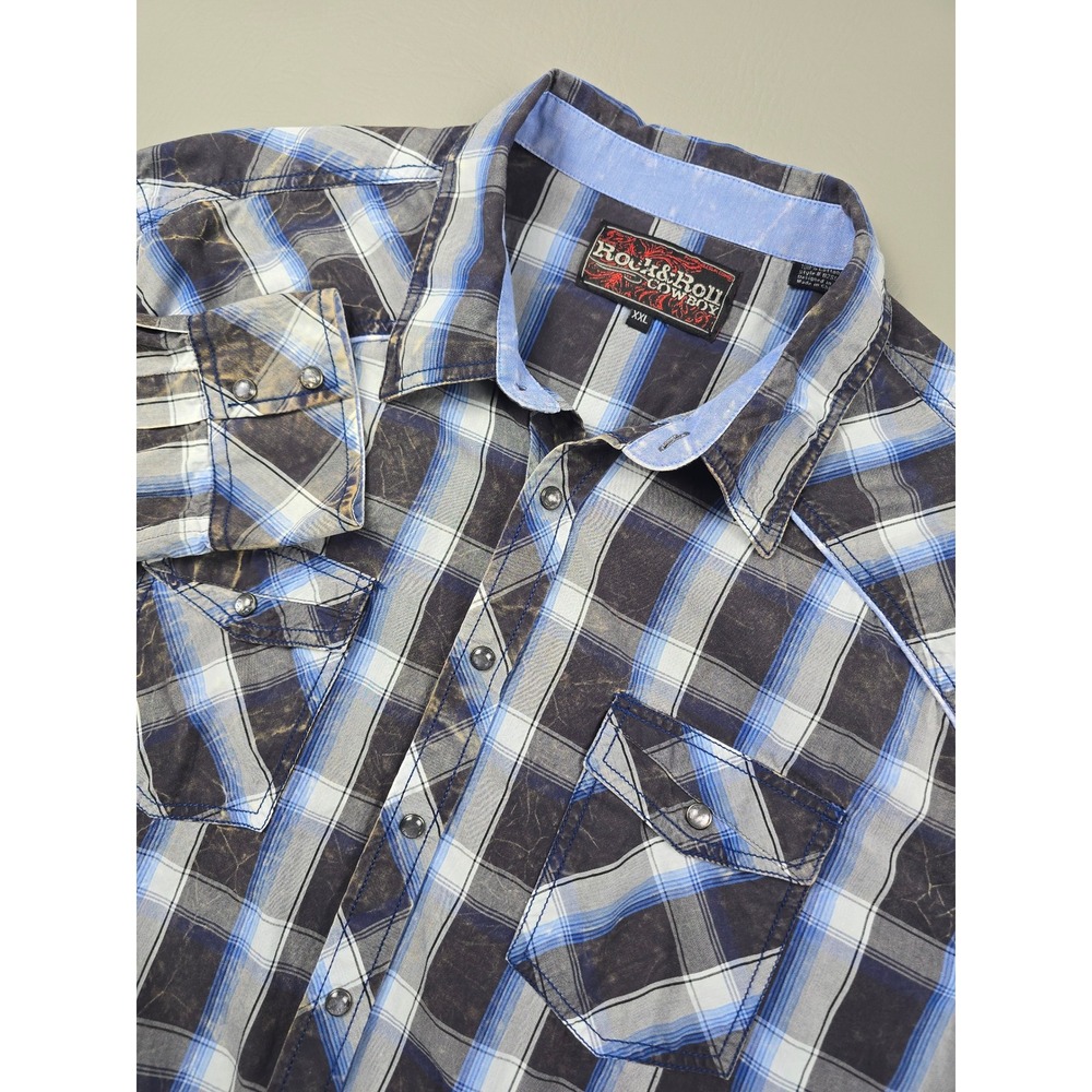 Rock & Roll Cowboy Men XXL Blue Plaid Acid Wash Pearl Snap Western Shirt B25S413